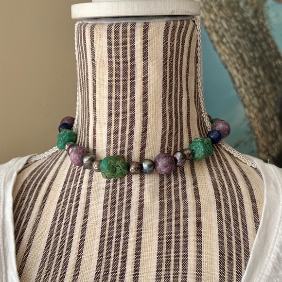 Chunky Turquoise Pearl Lapis Lazuli Natural Gemstone Peacock Choker Necklace - Picture 2 of 16